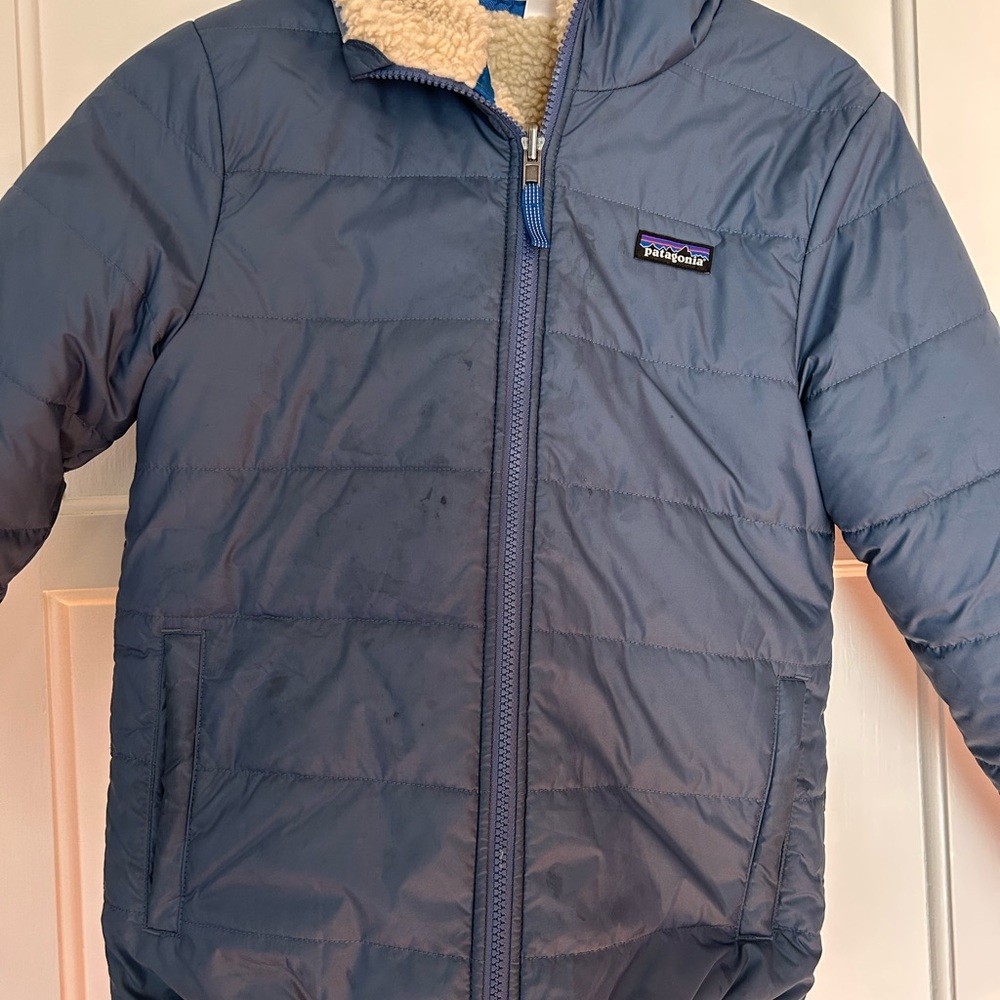 Patagonia Kids' Reversible Ready Freddy Hoody Cream and Blue Fleece Jacket - Picture 2 of 2